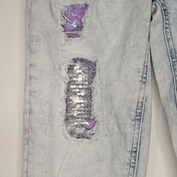 Justice Light Wash Distressed Mermaidcore sequin patch strait leg jeans size 8 - Picture 3 of 12